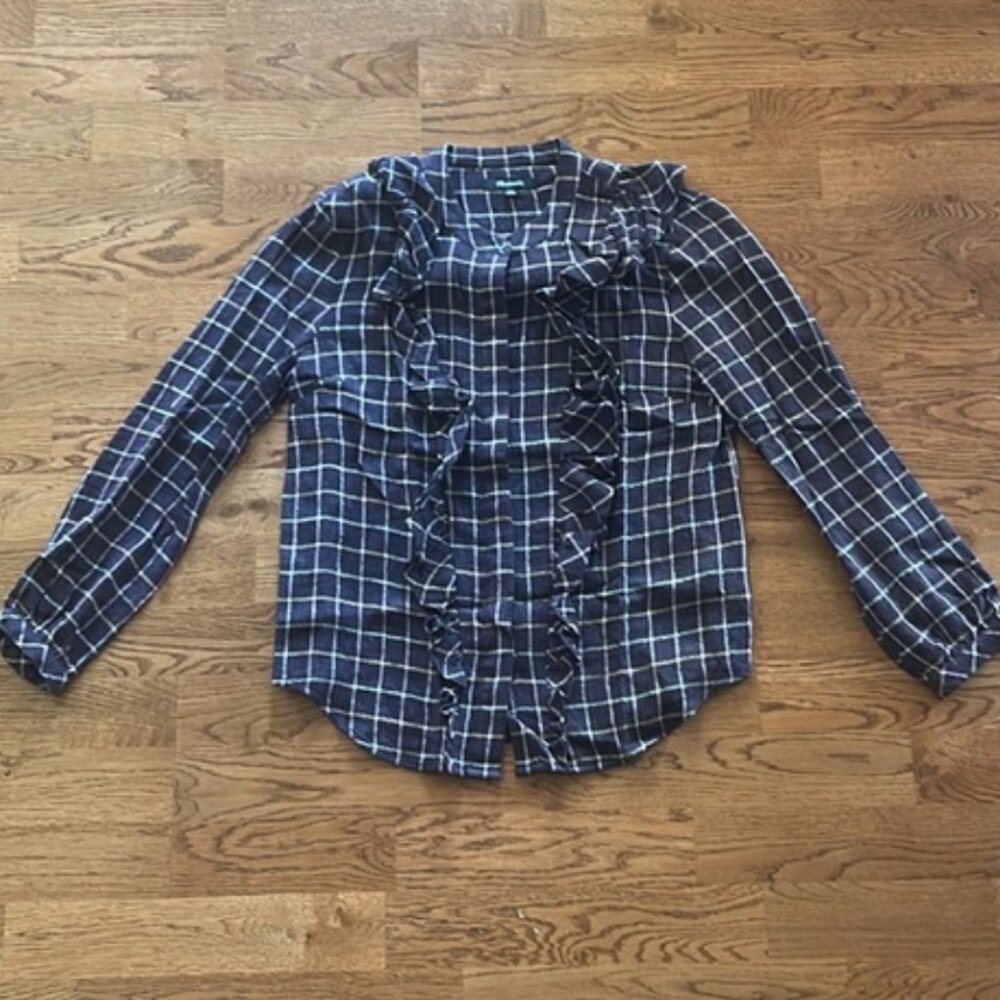 Madewell Women's shirt button down ruffle front purple gold xs Plaid blouse Top